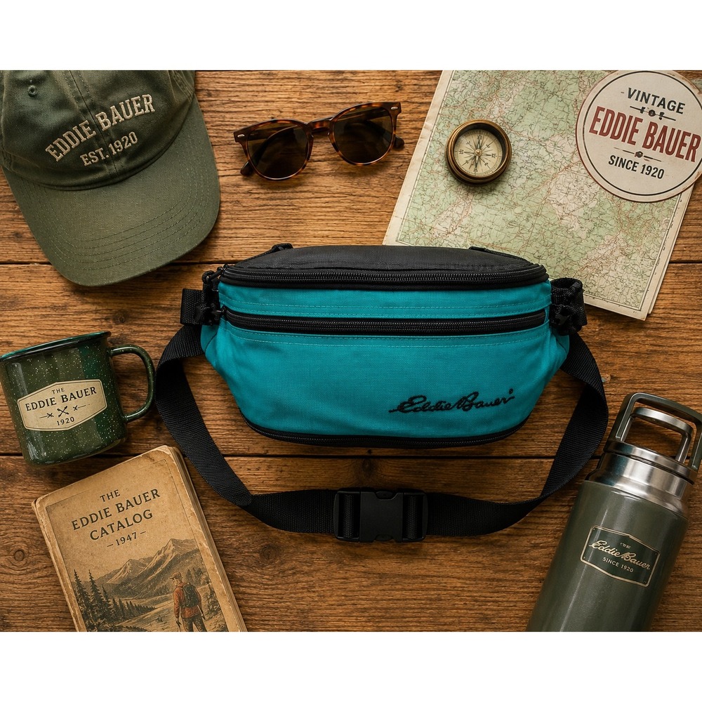 Vintage 90s Eddie Bauer Fanny Pack Teal Hiking Travel Waist Bag Adjustable Large